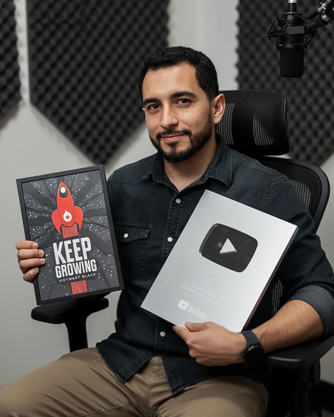 Cristian Parra Gaviria en su estudio, sosteniendo la placa Keep Growing de Hotmart Black y el Play Button de YouTube